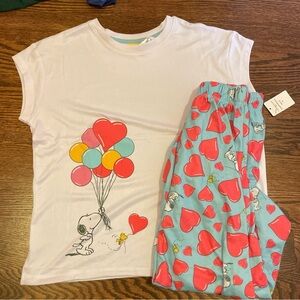 Snoopy Pajamas Set - White and Blue with Red Hearts